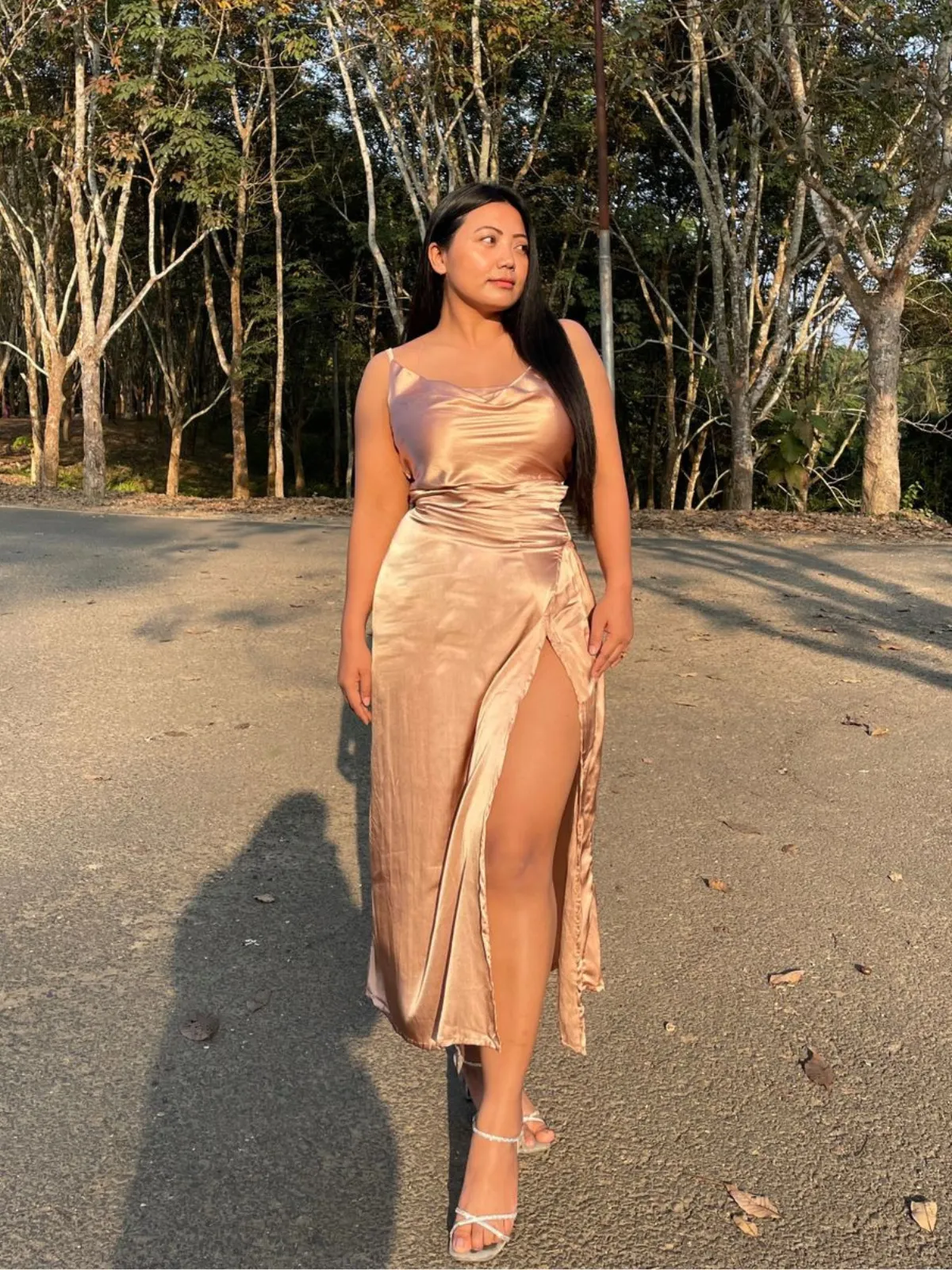 Peach gold satin maxi dress