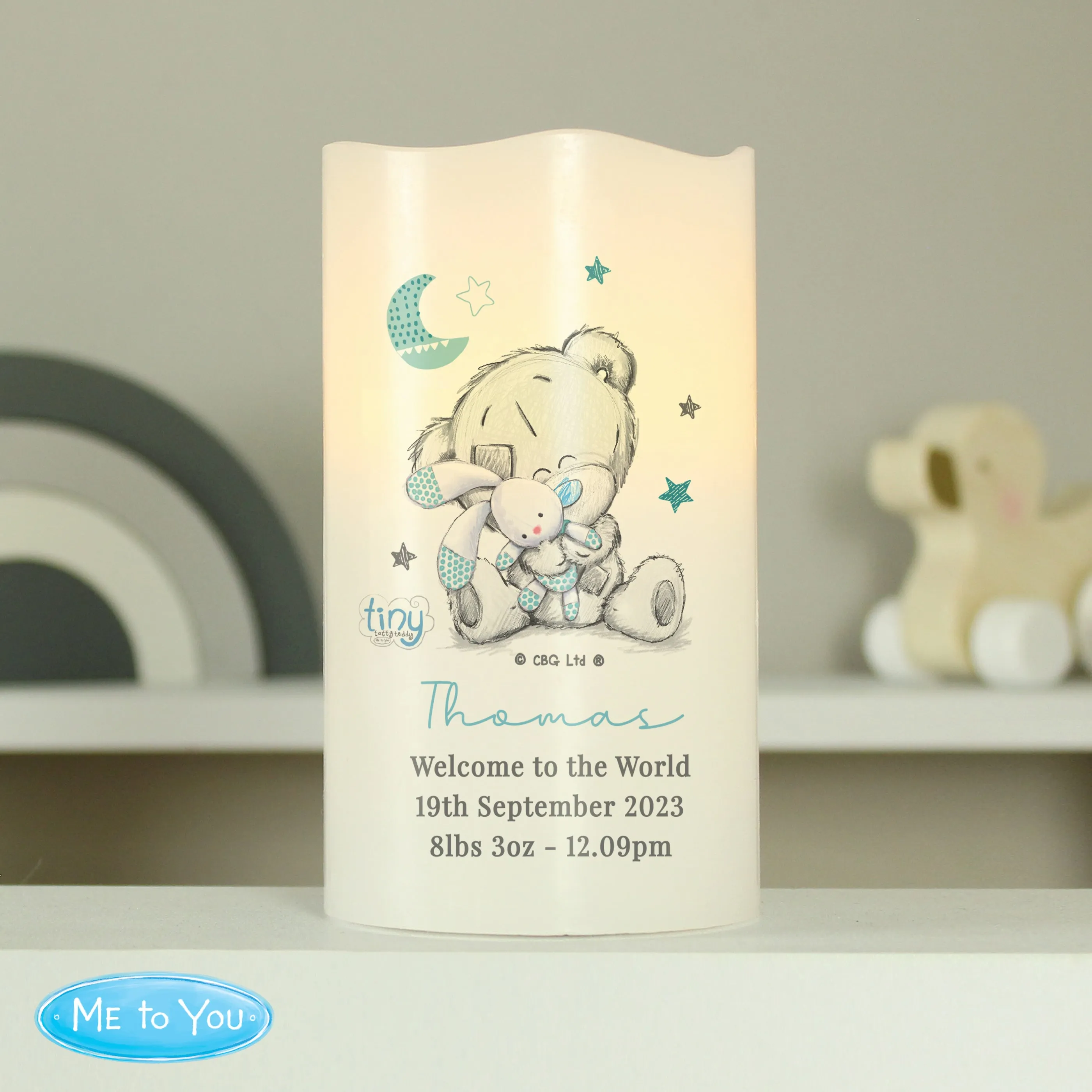 Personalised Tiny Tatty Teddy Dream Big Blue Nightlight LED Candle