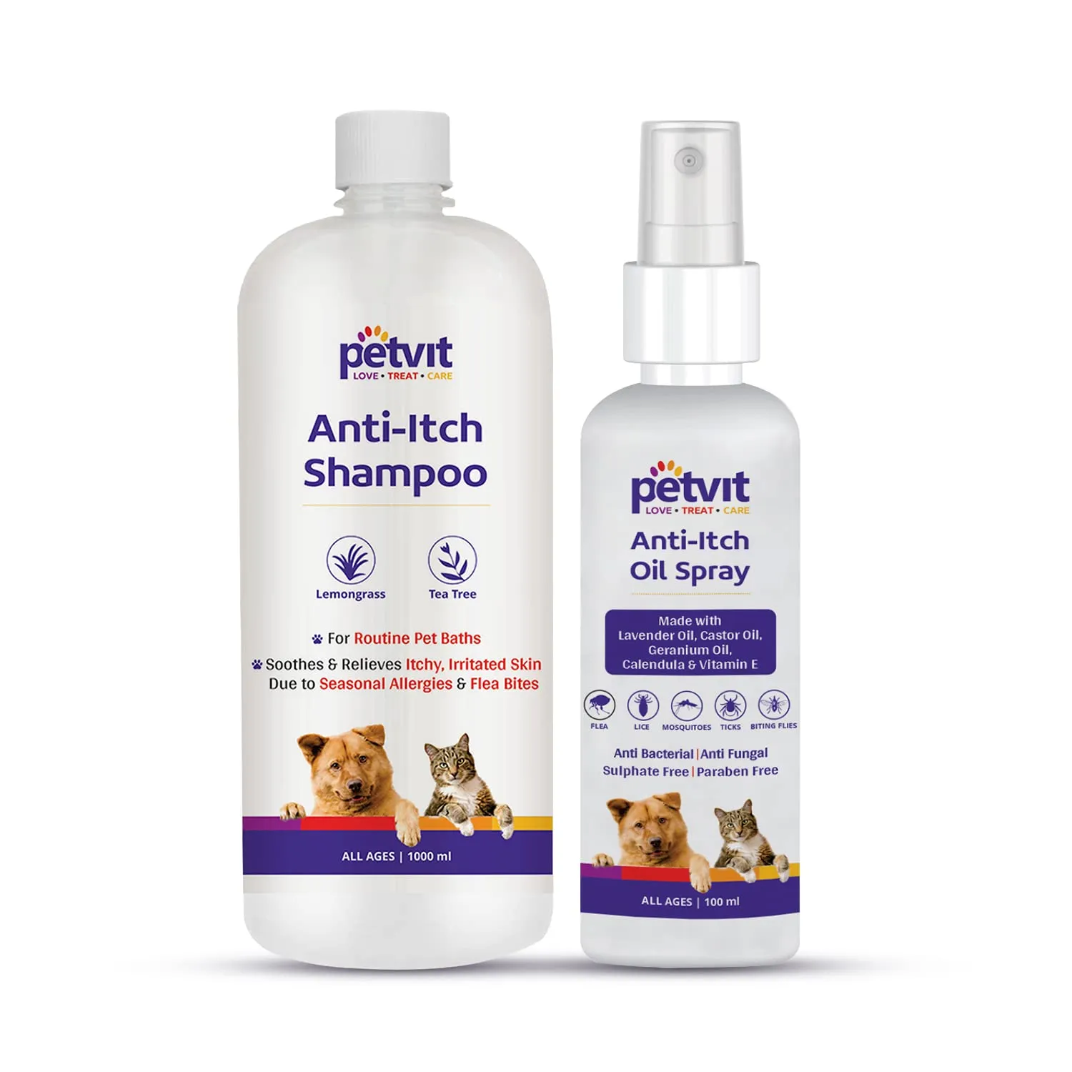 Petvit Anti Itch Shampoo & Anti-Itch Oil Spray with Vitamin E, Lavender Oil & Castor Oil - for All Breed Dog & Cat – 1000 100ml (Combo)