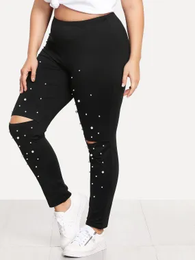 Plain Ripped Long Plus Size Leggings