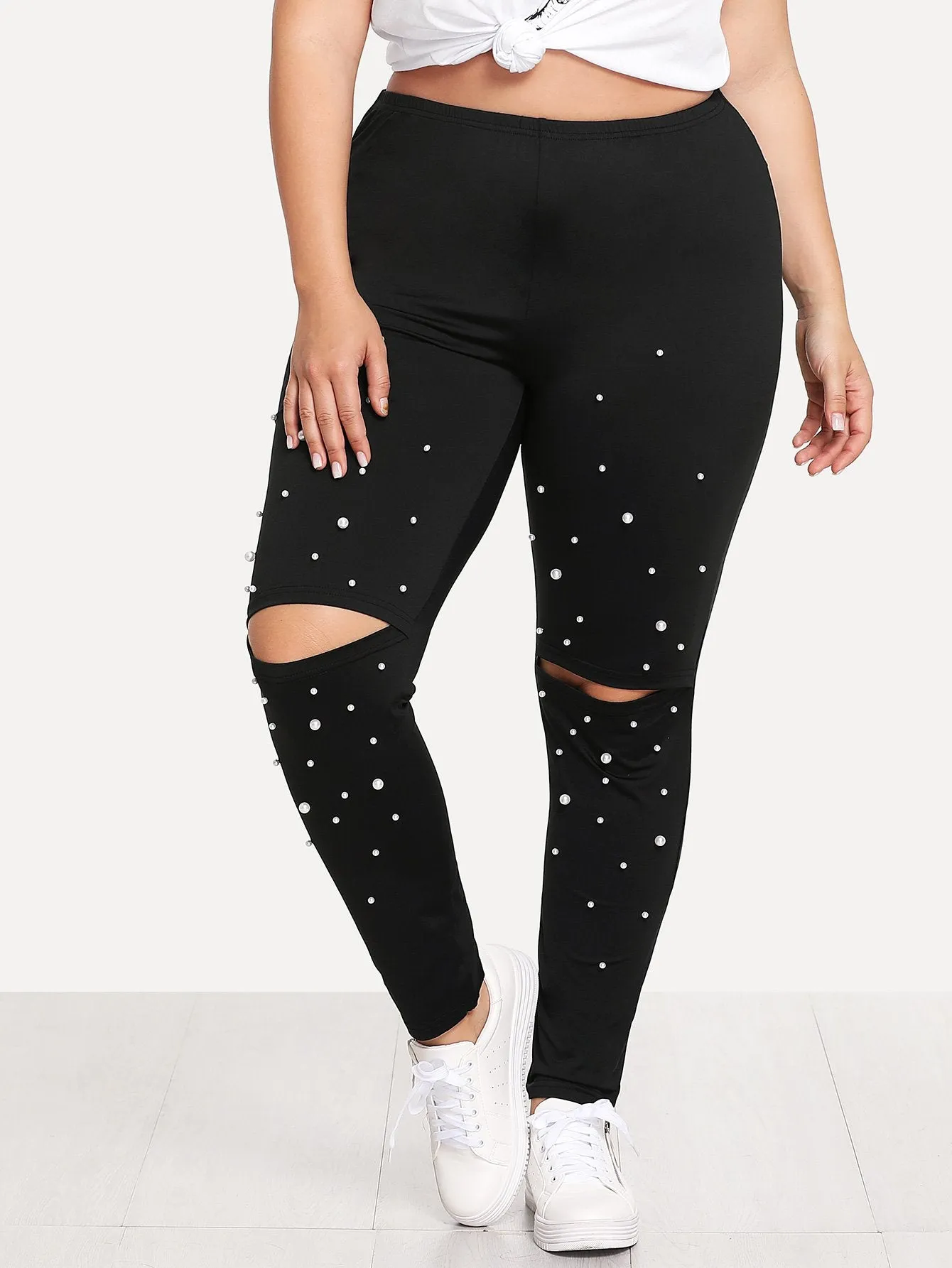 Plain Ripped Long Plus Size Leggings