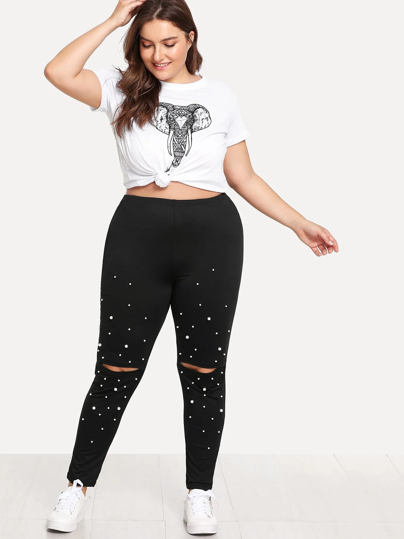 Plain Ripped Long Plus Size Leggings