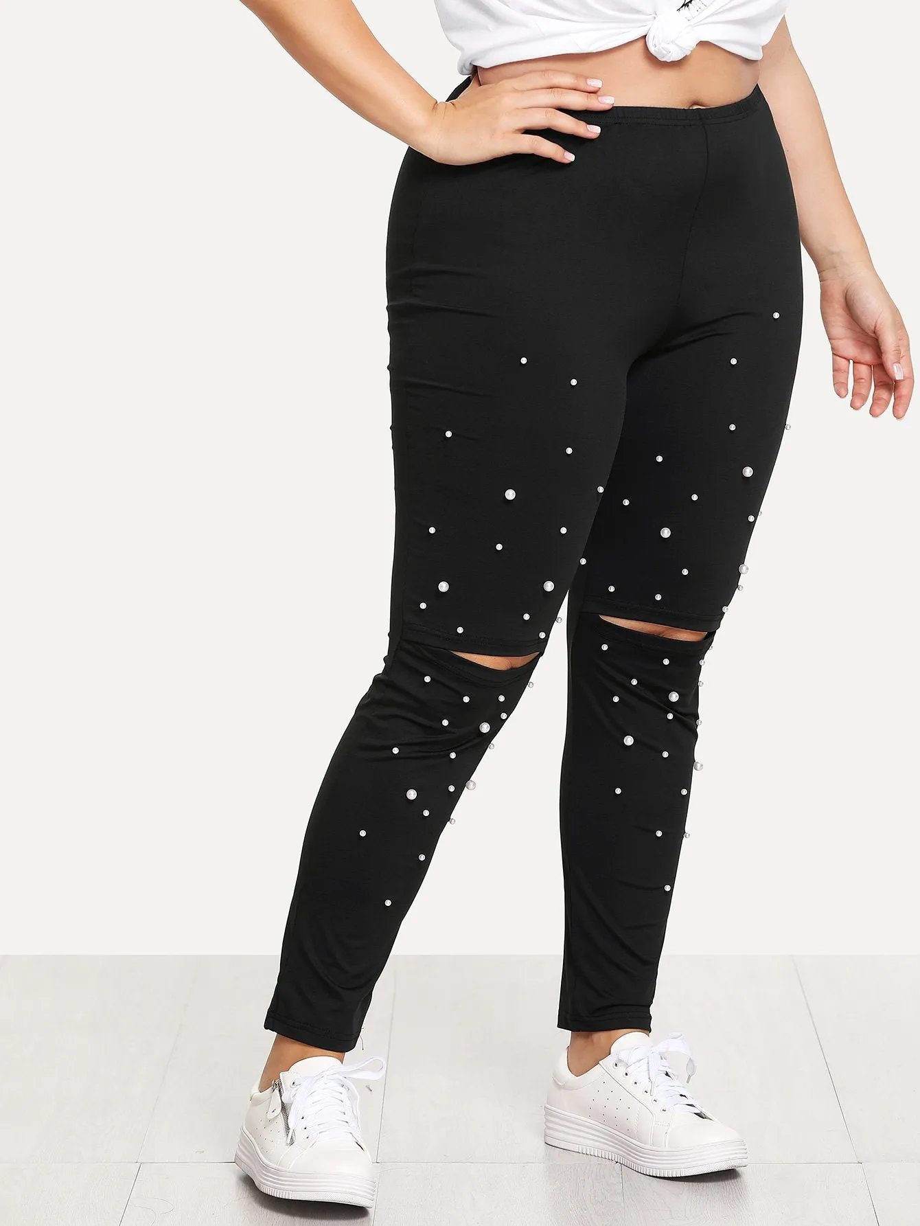 Plain Ripped Long Plus Size Leggings