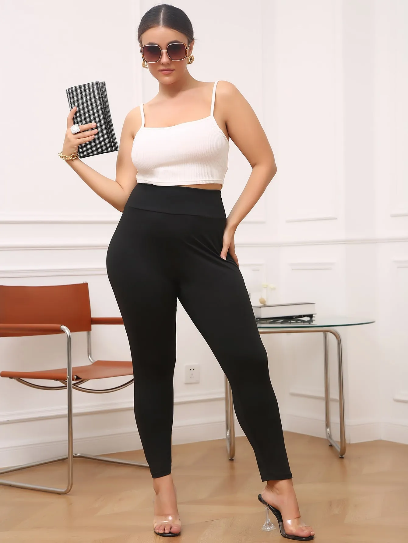 Plain Tie Back Cropped Plus Size Leggings