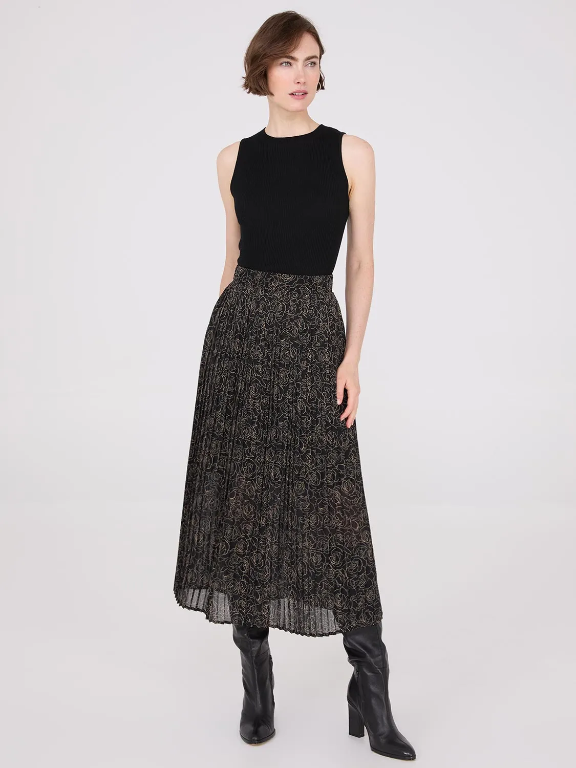 Printed Chiffon Pleated Midi Skirt