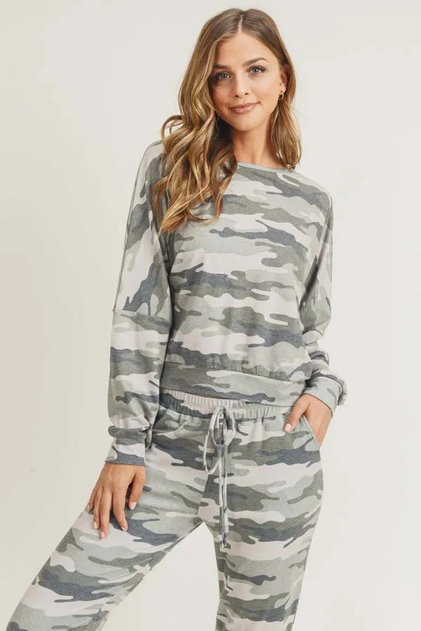 Relaxed Green Camo Print Pullover Top