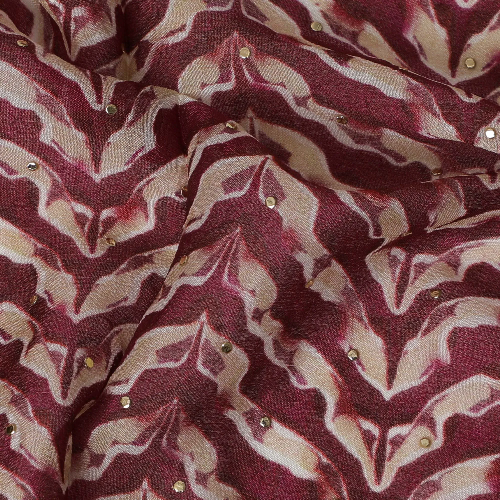 Rich Maroon Chevron Patterned Synthetic Cotton Lawn Fabric with Embroidery - 110 cm Wide - D19608