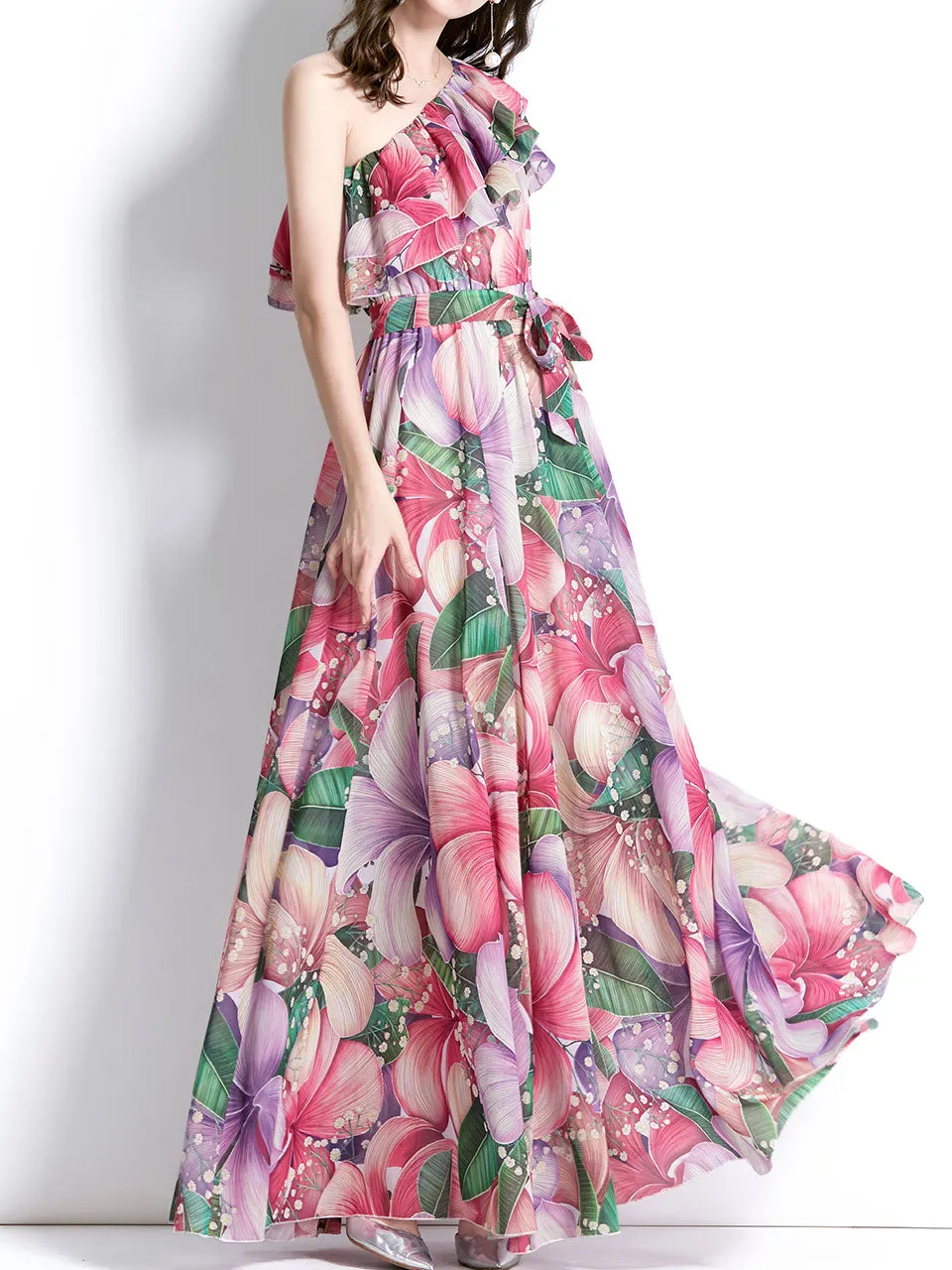 Rose One Shoulder Rose Floral Print Boho Dress Maxi Dress