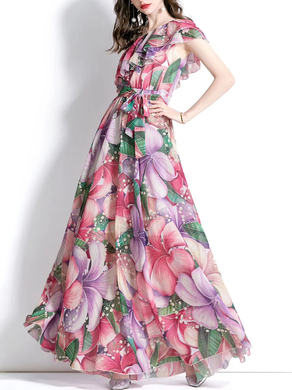 Rose One Shoulder Rose Floral Print Boho Dress Maxi Dress