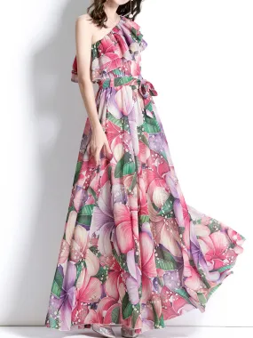 Rose One Shoulder Rose Floral Print Boho Dress Maxi Dress