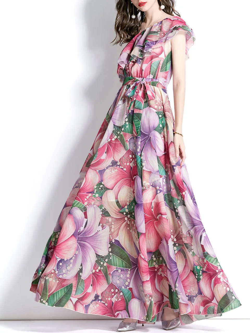 Rose One Shoulder Rose Floral Print Boho Dress Maxi Dress