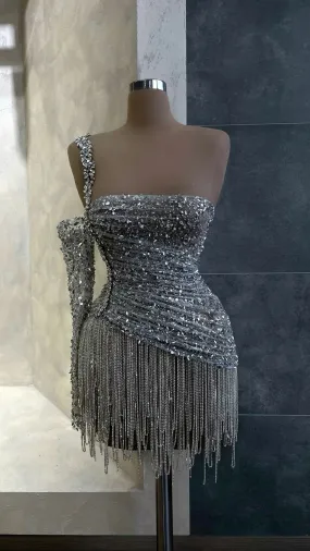 Silver Beaded Cocktail Dress With Long Tassel Fringes One Sleeve Crystal Sequin Sparkly Short Homecoming Wear      fg6592