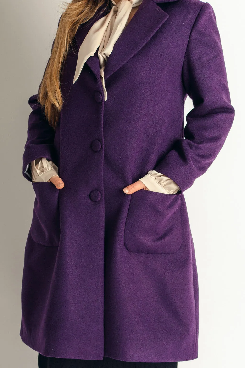 Spring Coat Light Wool Patch Pockets Coat In Deep Purple