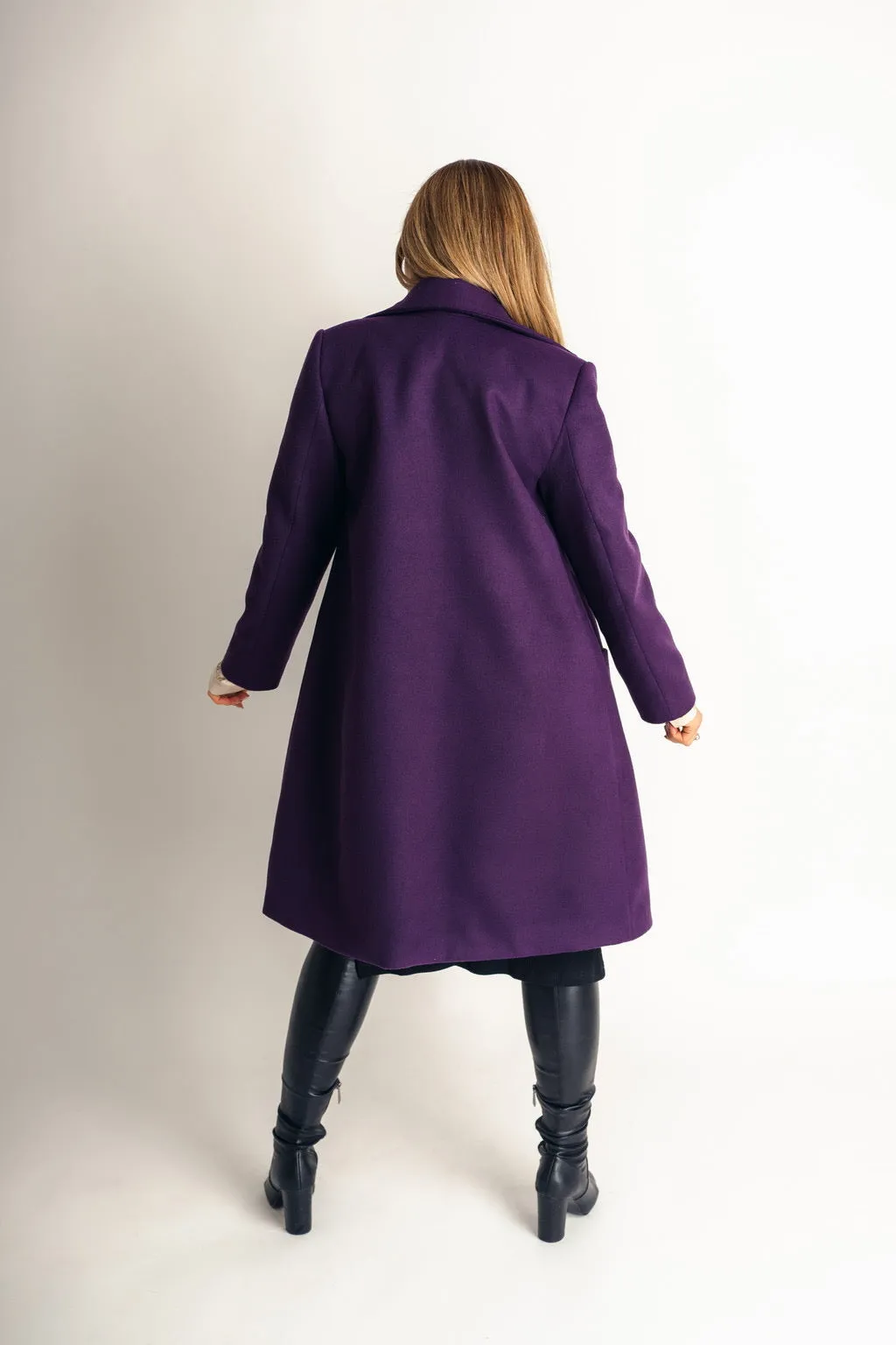 Spring Coat Light Wool Patch Pockets Coat In Deep Purple