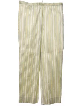 Striped Light Green, White & Yellow 100% Silk Trousers - W32 L26