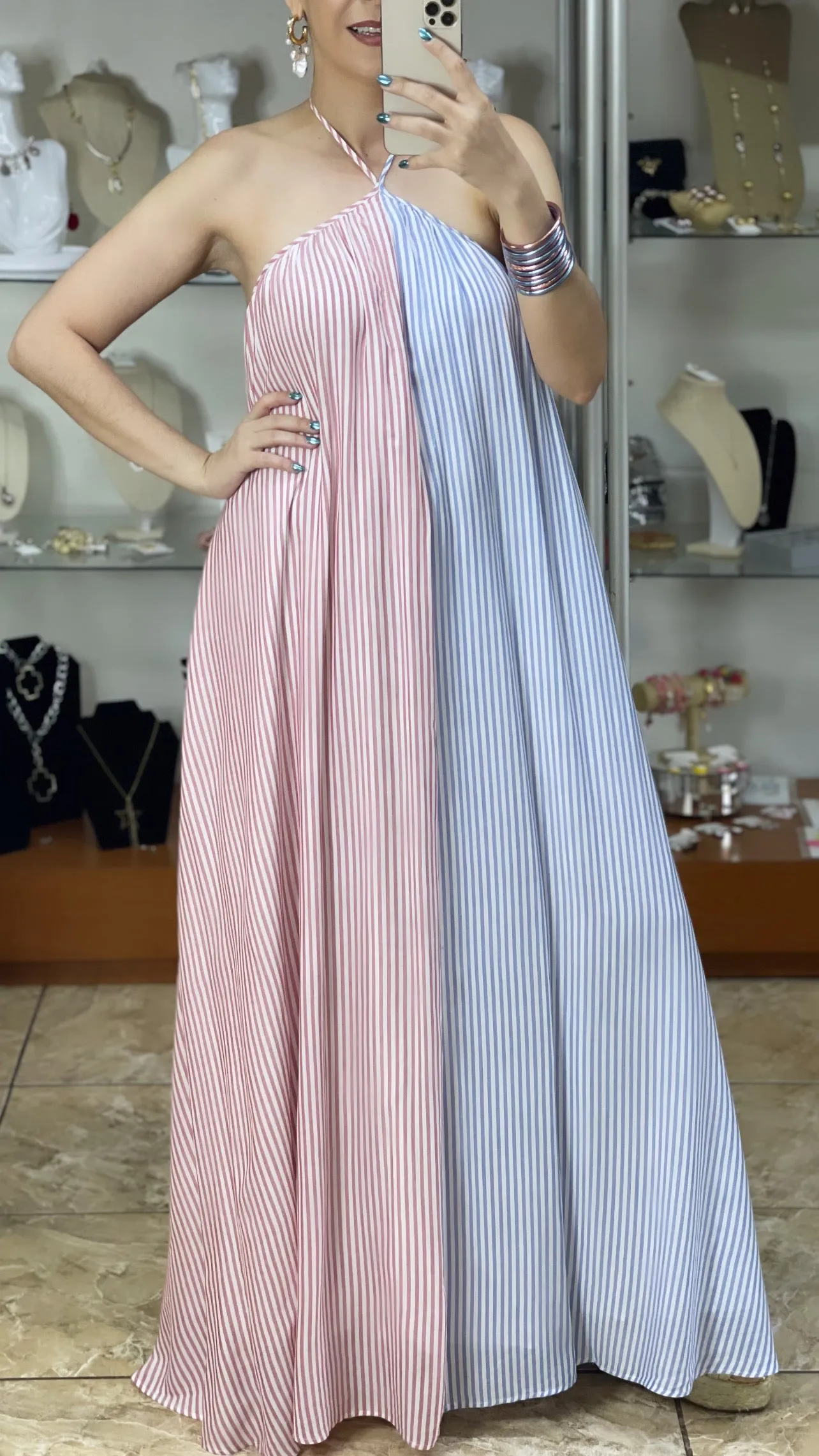 Stripes Open Back Halter Maxi Dress