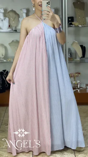 Stripes Open Back Halter Maxi Dress