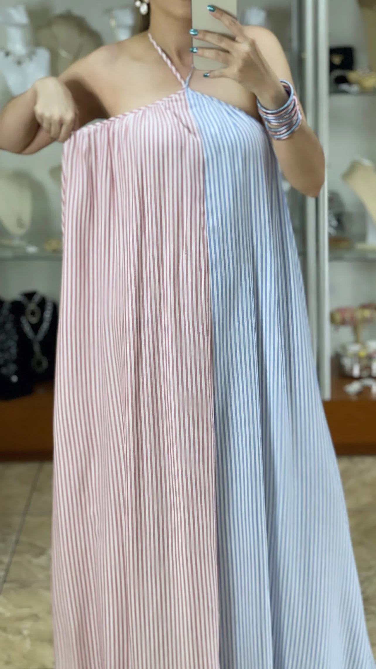 Stripes Open Back Halter Maxi Dress