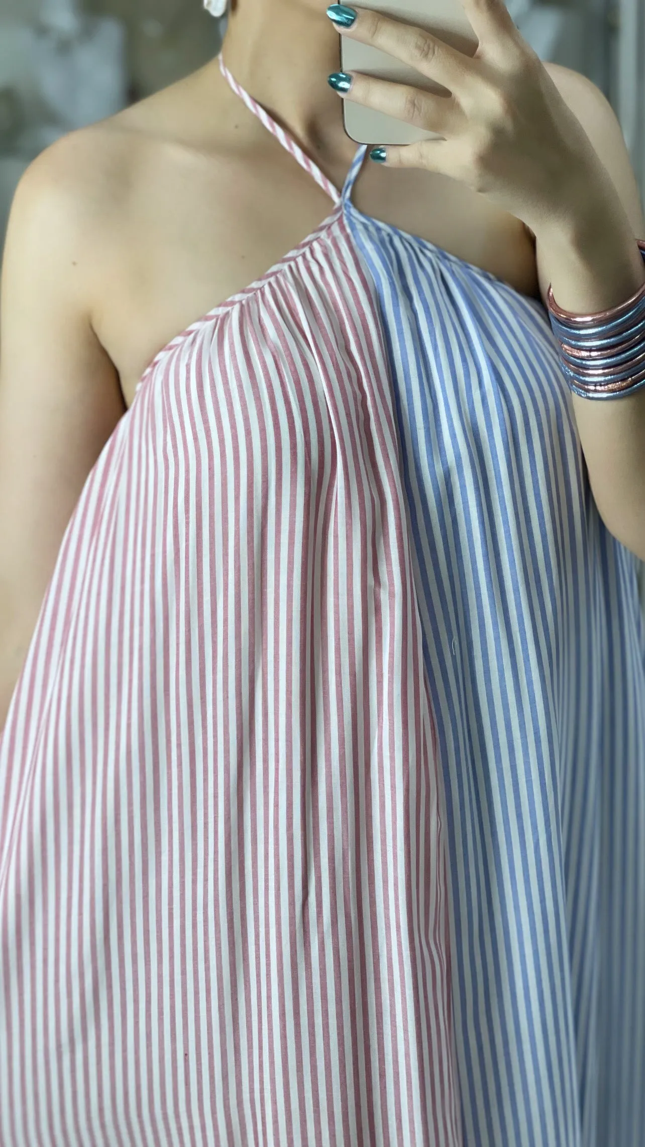 Stripes Open Back Halter Maxi Dress