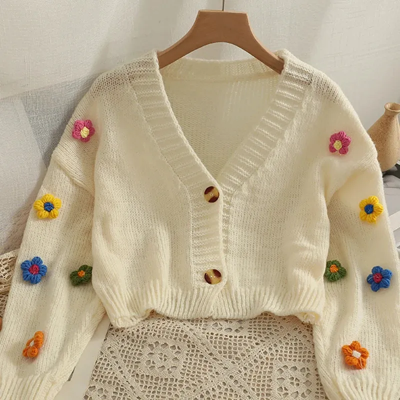 Sweet Applique Floral Knitted V Neck Long Sleeve Sweater