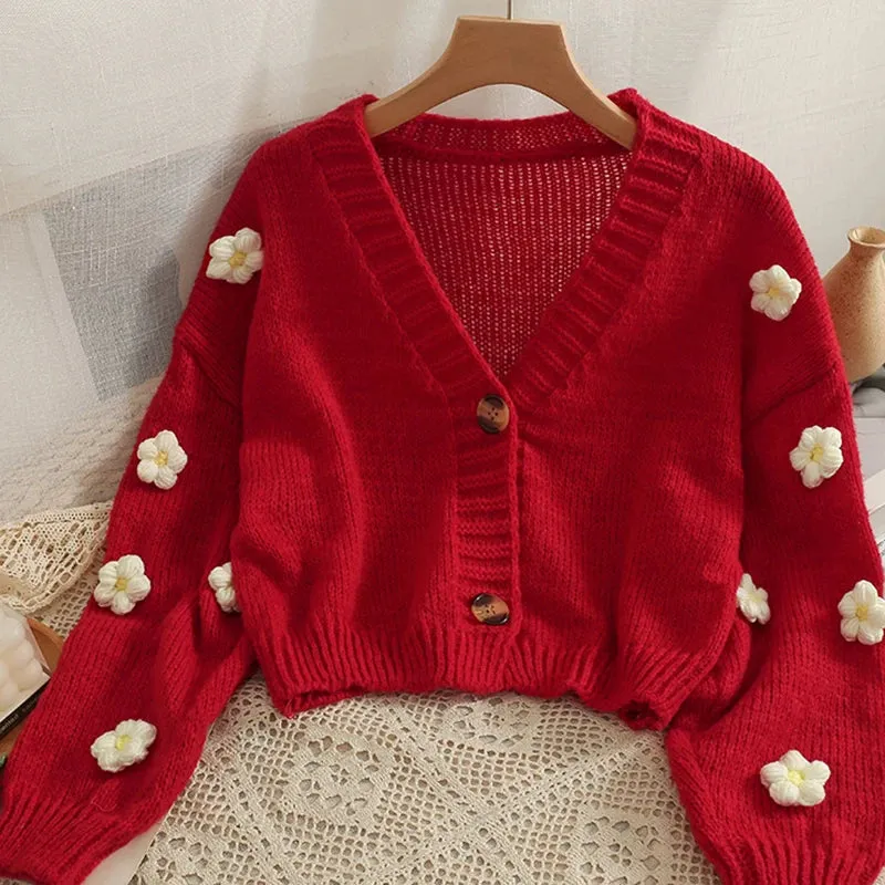 Sweet Applique Floral Knitted V Neck Long Sleeve Sweater