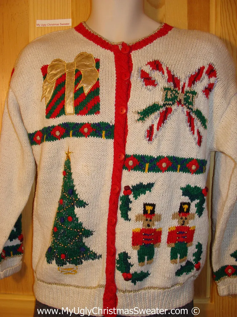 Tacky 80s Christmas Sweater Party Ugly Sweater with Padded Shoulders. Nutcrackers, Tree, Candycane and Gift (f812)