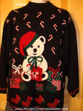 Tacky 80s Ugly Christmas Sweater with Bear, Candy Canes, Gifts, and Stockings  (f568)