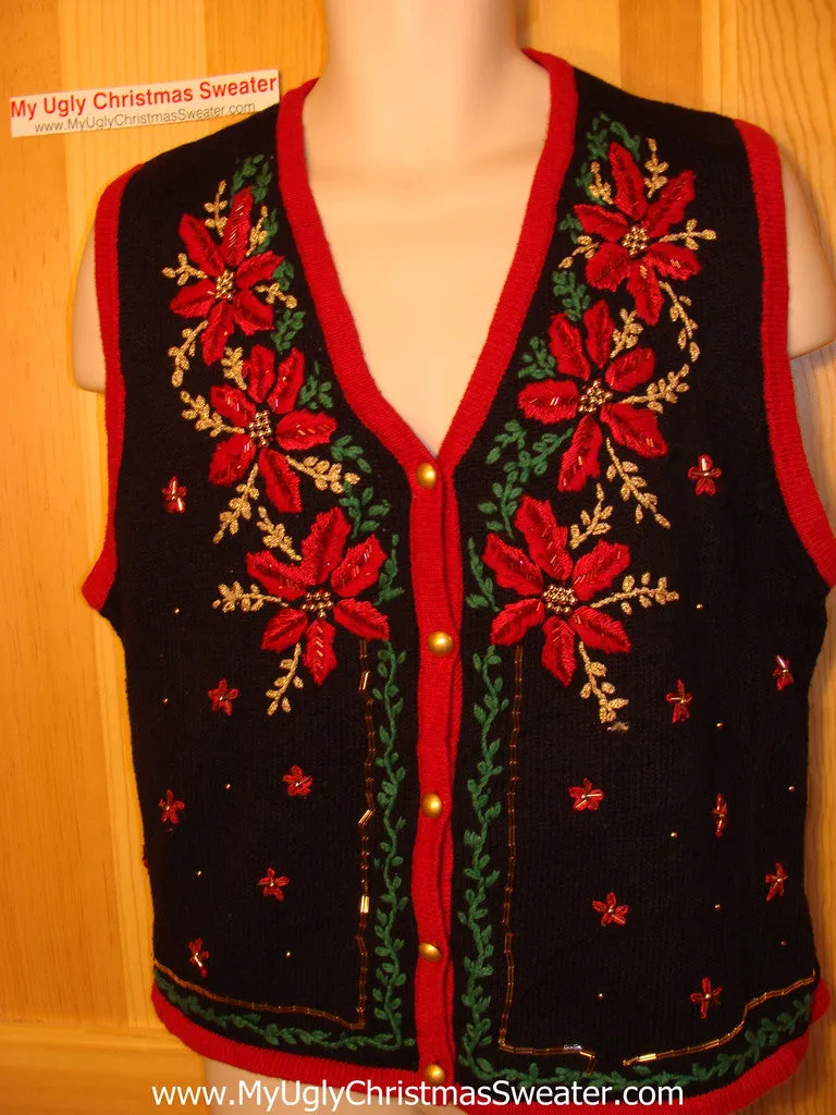 Tacky Ugly Christmas Sweater Vest with Poinsettias and Bling (f17)