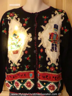 Tacky Xmas Sweater 80s Style with Padded Shoulders, Nutcracker, Tree with Lights (g122)