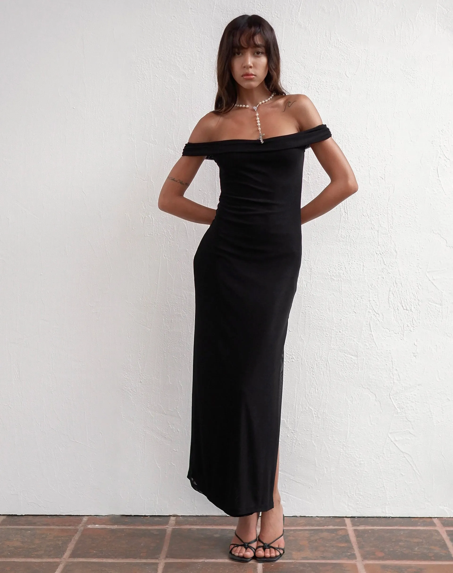 Tarna Bardot Maxi Dress in Mesh Black