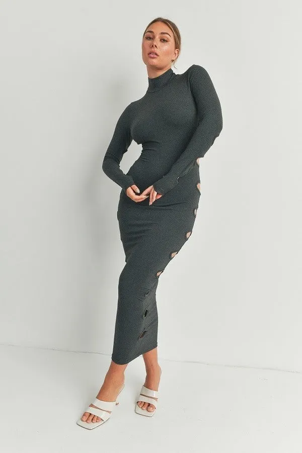 TastyHottie - Cutout Detail Turtleneck Long Sleeve Maxi Dress