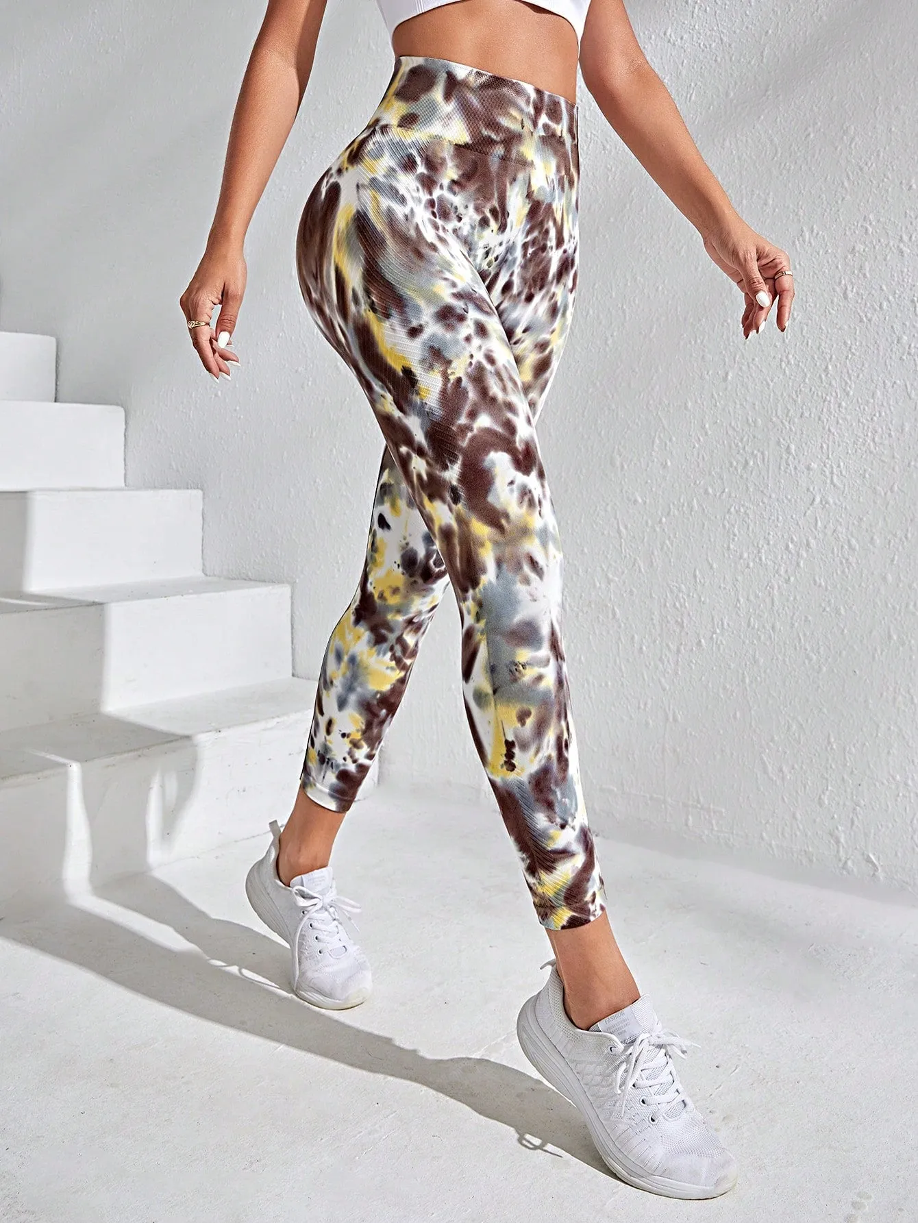 Tie Dye Wideband High Waist Top-stitching Sports Leggings