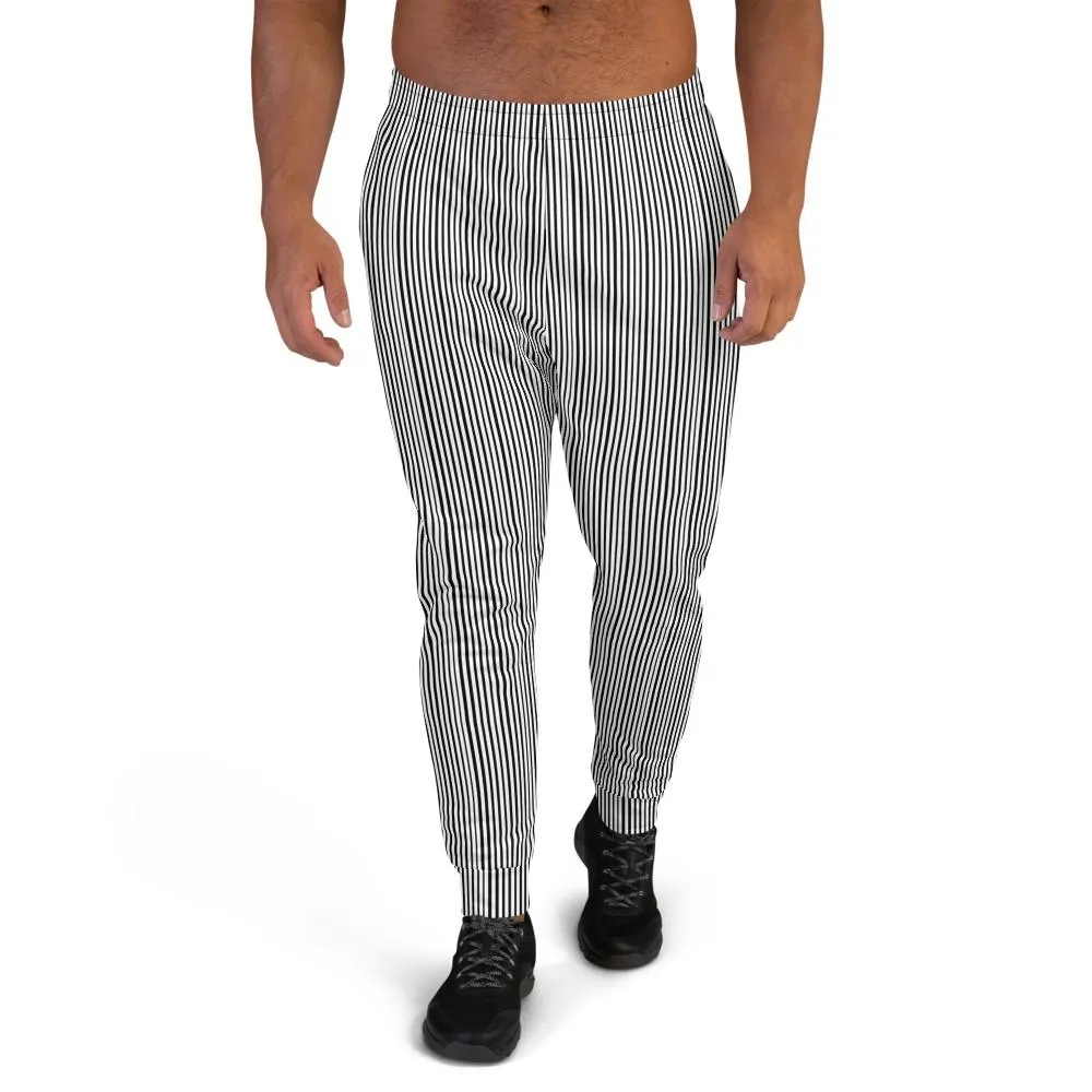 Vertical Striped Men's Joggers, Premium Half Black Half White Stripe Dense Print Designer Men's Joggers - Made in EU