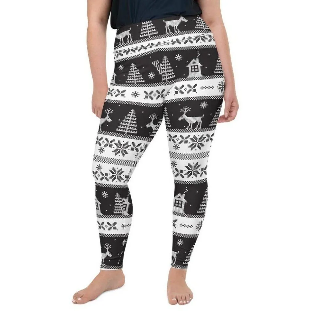 Vintage Black & White Christmas Plus Size Leggings