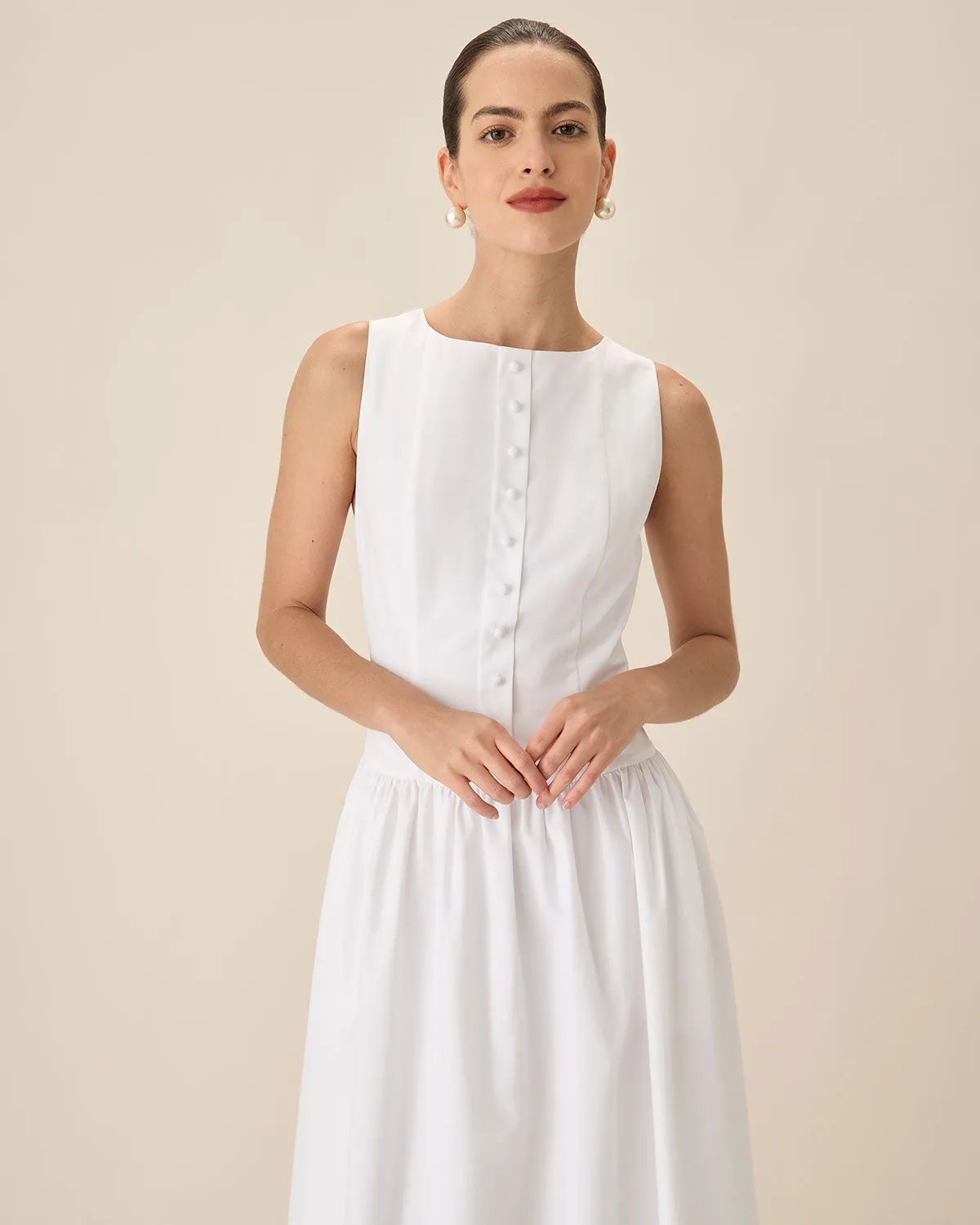 White Round Neck Pocket Maxi Dress