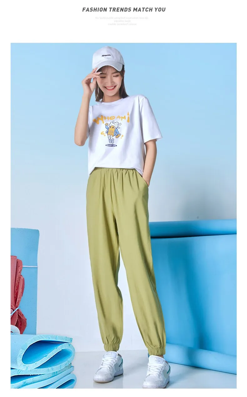 Wjczt 2022 New Ice Silk Sports Pants Student Women'S 9 Point Casual Summer Style Loose And Thin Mosquito Proof Lantern Trousers Female