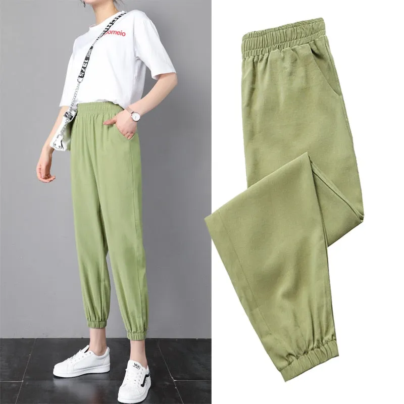 Wjczt 2022 New Ice Silk Sports Pants Student Women'S 9 Point Casual Summer Style Loose And Thin Mosquito Proof Lantern Trousers Female