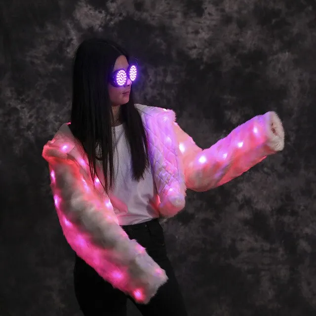 Women Faux Fur Furry Led Clothes Light Up Coat Vest Glowing Coats White Man Rave Party Wear Lights Party Luminous Costumes