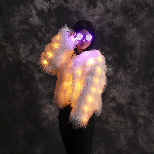 Women Faux Fur Furry Led Clothes Light Up Coat Vest Glowing Coats White Man Rave Party Wear Lights Party Luminous Costumes