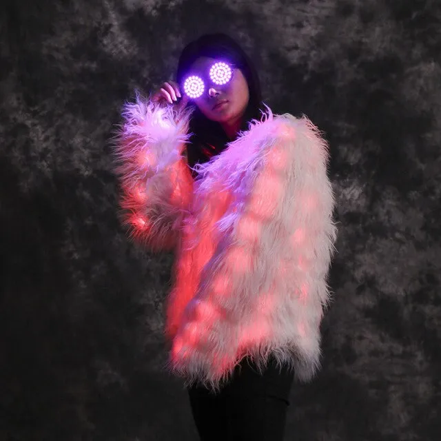 Women Faux Fur Furry Led Clothes Light Up Coat Vest Glowing Coats White Man Rave Party Wear Lights Party Luminous Costumes