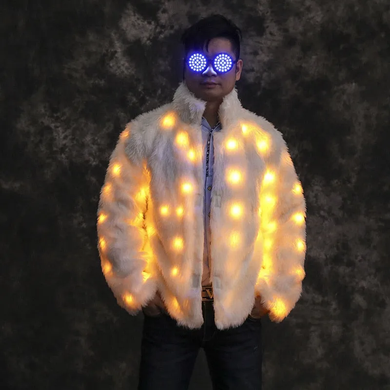 Women Faux Fur Furry Led Clothes Light Up Coat Vest Glowing Coats White Man Rave Party Wear Lights Party Luminous Costumes