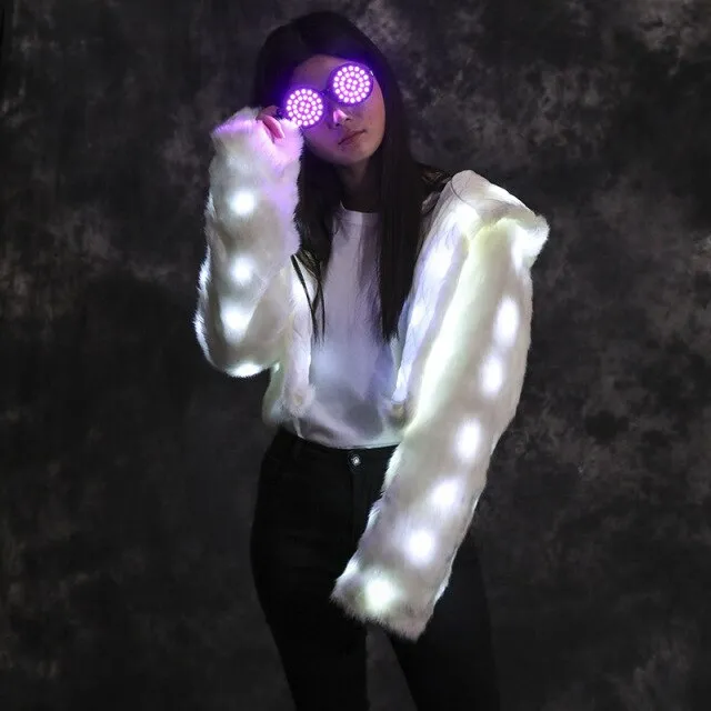 Women Faux Fur Furry Led Clothes Light Up Coat Vest Glowing Coats White Man Rave Party Wear Lights Party Luminous Costumes