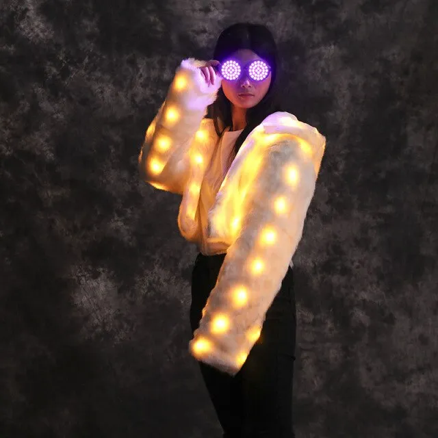 Women Faux Fur Furry Led Clothes Light Up Coat Vest Glowing Coats White Man Rave Party Wear Lights Party Luminous Costumes