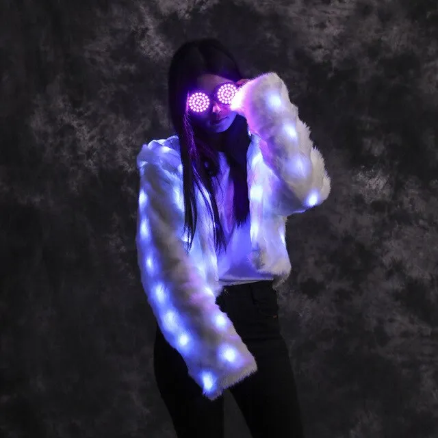 Women Faux Fur Furry Led Clothes Light Up Coat Vest Glowing Coats White Man Rave Party Wear Lights Party Luminous Costumes