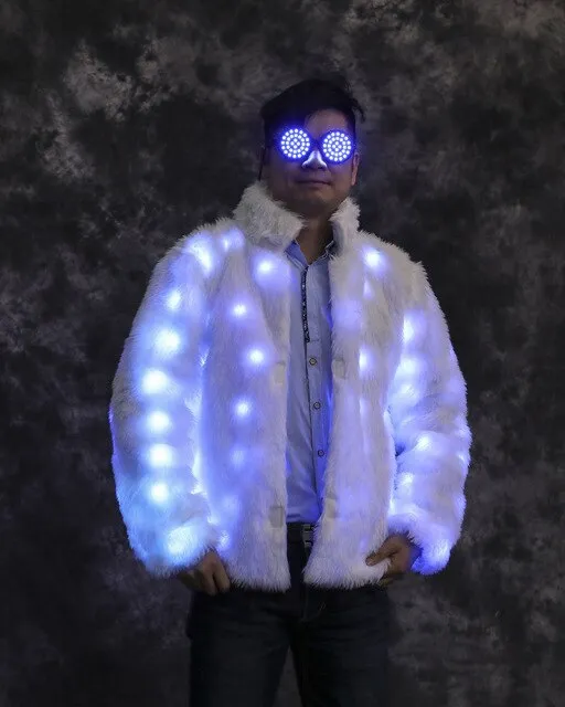 Women Faux Fur Furry Led Clothes Light Up Coat Vest Glowing Coats White Man Rave Party Wear Lights Party Luminous Costumes