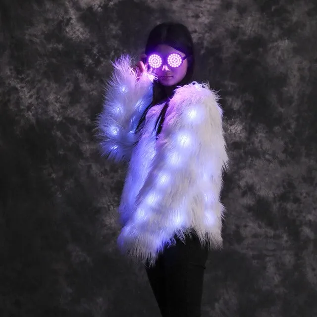 Women Faux Fur Furry Led Clothes Light Up Coat Vest Glowing Coats White Man Rave Party Wear Lights Party Luminous Costumes