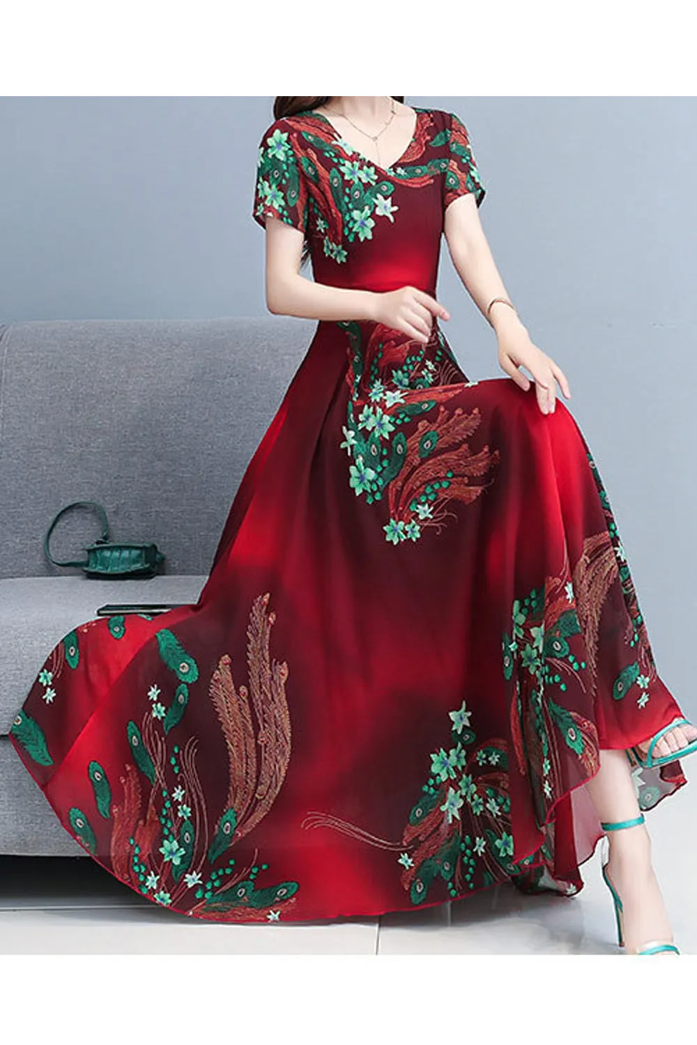 Women Short Sleeve Beautiful V-Neck Long Length Dress - C13355ZWD