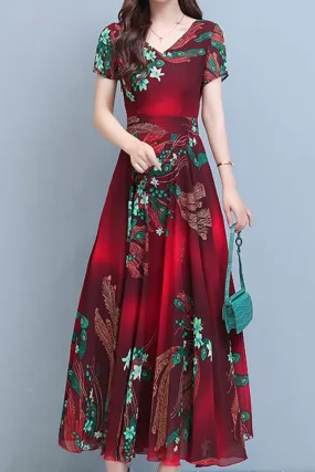 Women Short Sleeve Beautiful V-Neck Long Length Dress - C13355ZWD