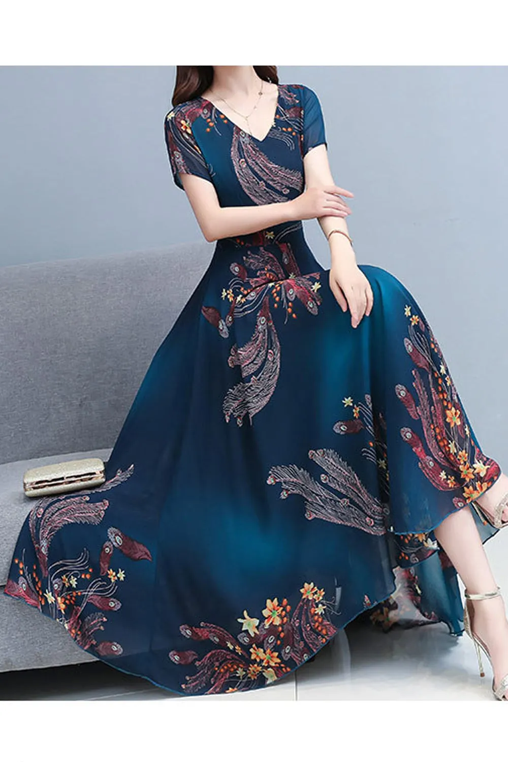 Women Short Sleeve Beautiful V-Neck Long Length Dress - C13355ZWD