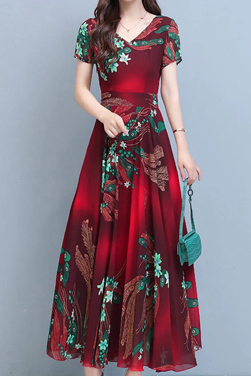 Women Short Sleeve Beautiful V-Neck Long Length Dress - C13355ZWD